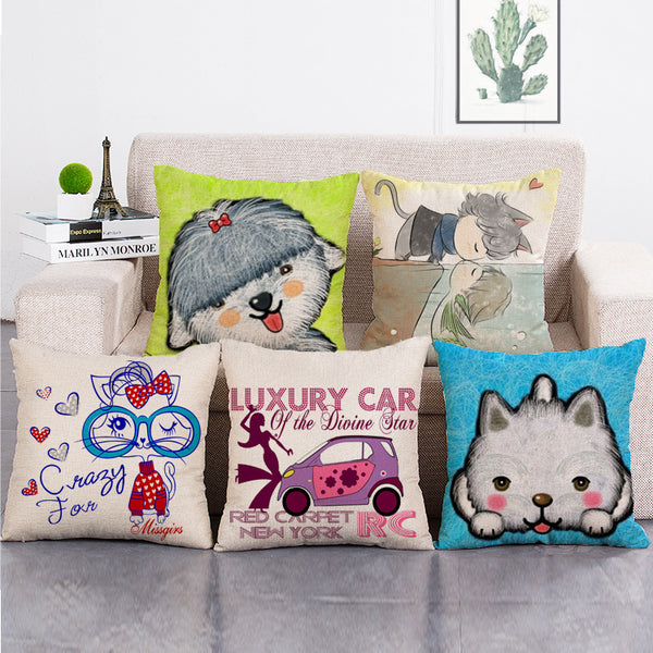 Cushion Cover SET Cotton Linen Throw Pillow,Cartoon Doggy design - LiYiFabrics