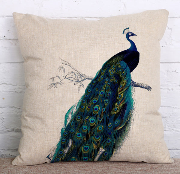 Cushion Cover SET Cotton Linen Throw Pillow, Peacocks - LiYiFabrics