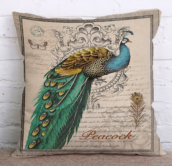 Cushion Cover SET Cotton Linen Throw Pillow, Peacocks - LiYiFabrics