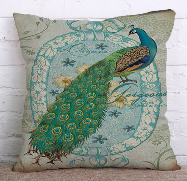 Cushion Cover SET Cotton Linen Throw Pillow, Peacocks - LiYiFabrics