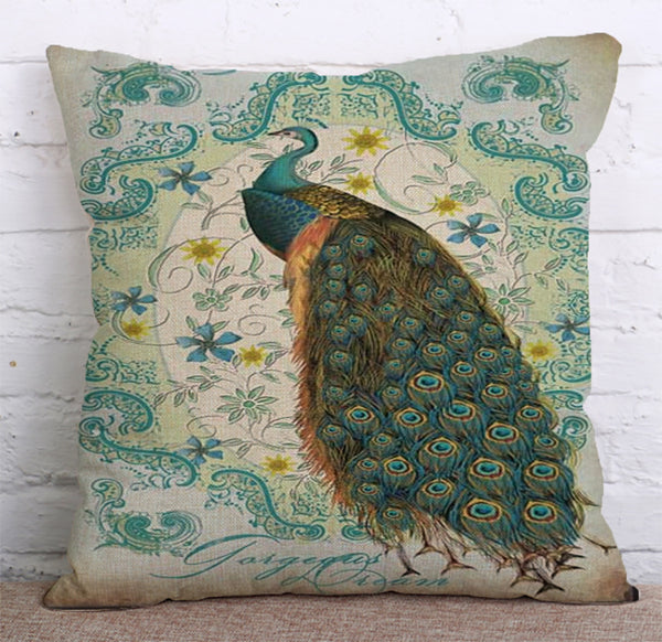 Cushion Cover SET Cotton Linen Throw Pillow, Peacocks - LiYiFabrics
