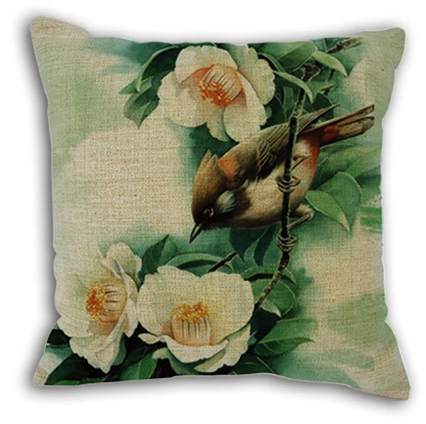 Cushion Cover SET Cotton Linen Throw Pillow, Chinese Flowers&Birds Painting - LiYiFabrics