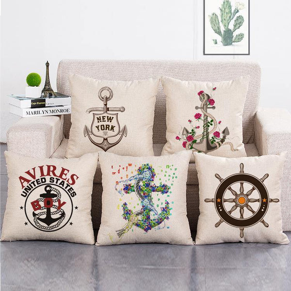 Cushion Cover SET Cotton Linen Throw Pillow, Anchor design - LiYiFabrics