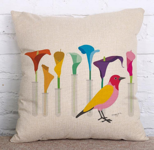 Cushion Cover SET Cotton Linen Throw Pillow, Bird design - LiYiFabrics