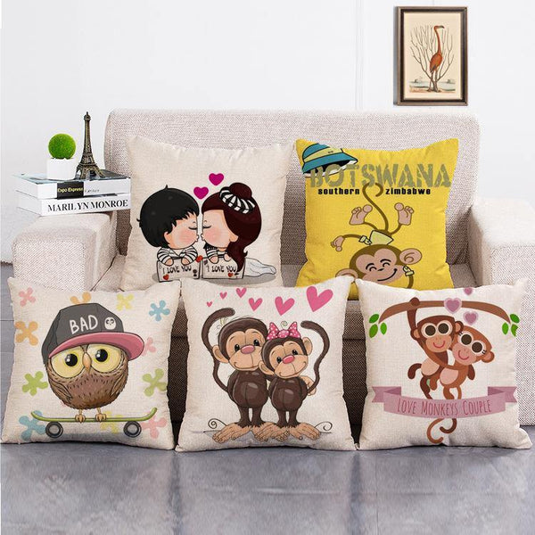 Cushion Cover SET Cotton Linen Throw Pillow, Love Monkeys Style - LiYiFabrics