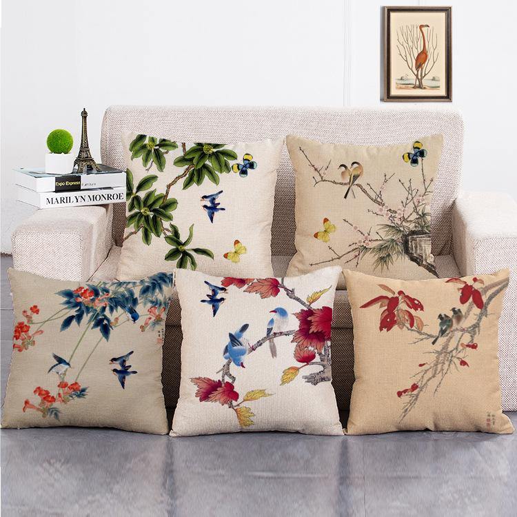 Cushion Cover SET Cotton Linen Throw Pillow, Flower&Bird Painting - LiYiFabrics