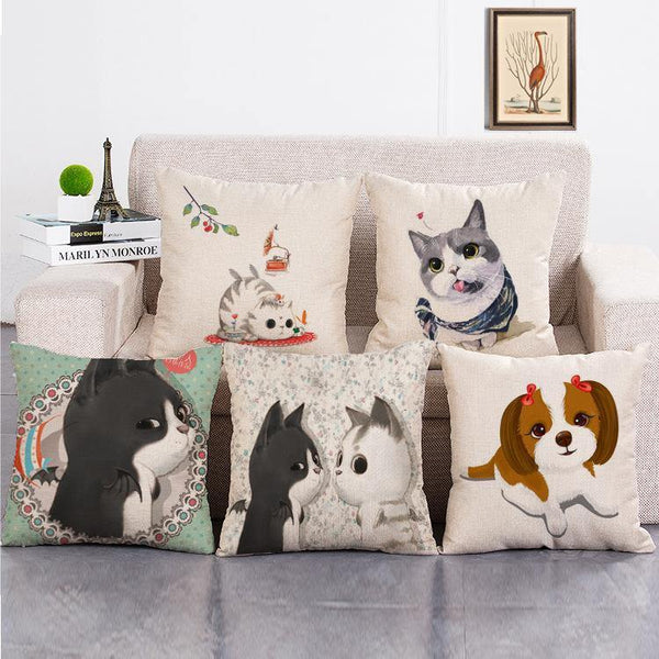 Cushion Cover SET Cotton Linen Throw Pillow, Doggy&Cat - LiYiFabrics