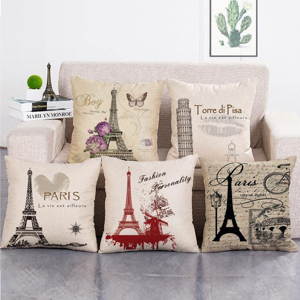Cushion Cover SET Cotton Linen Throw Pillow, Eiffel Tower - LiYiFabrics
