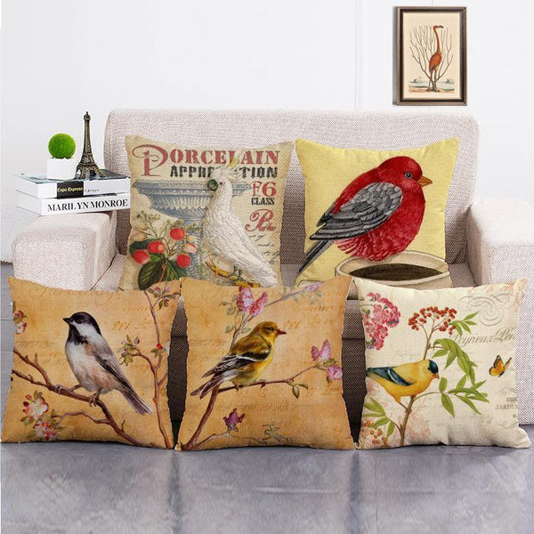 Cushion Cover SET Cotton Linen Throw Pillow, Chinese Painted Birds - LiYiFabrics