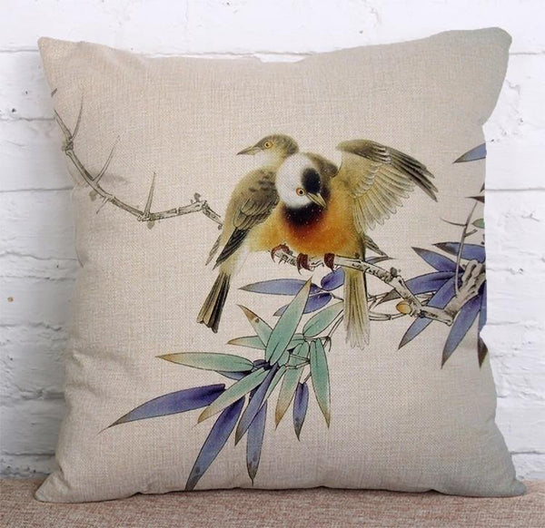 Cushion Cover SET Cotton Linen Throw Pillow, Chinese Painted Birds - LiYiFabrics