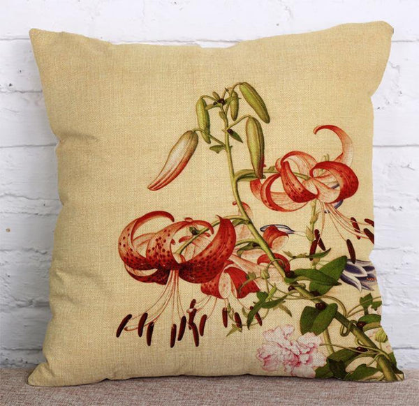 Cushion Cover SET Cotton Linen Throw Pillow, Flowers painted - LiYiFabrics