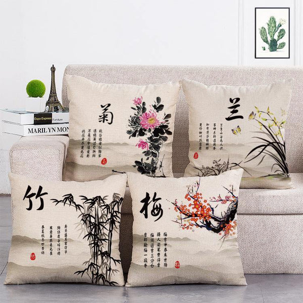Cushion Cover SET Cotton Linen Throw Pillow, Chrysanthemum Patterns - LiYiFabrics