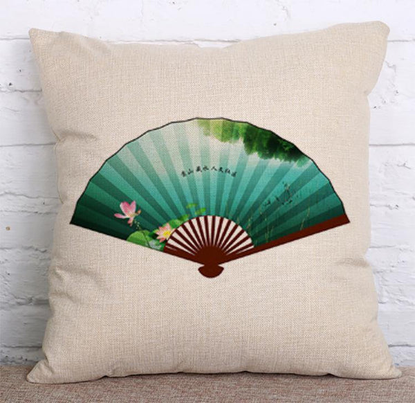 Cushion Cover SET Cotton Linen Throw Pillow, Colorful Painted Fan - LiYiFabrics