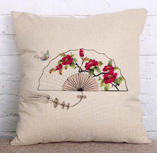 Cushion Cover SET Cotton Linen Throw Pillow, Colorful Painted Fan - LiYiFabrics