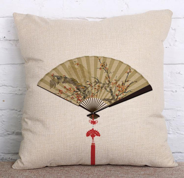 Cushion Cover SET Cotton Linen Throw Pillow, Colorful Painted Fan - LiYiFabrics