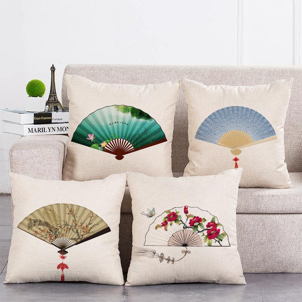 Cushion Cover SET Cotton Linen Throw Pillow, Colorful Painted Fan - LiYiFabrics