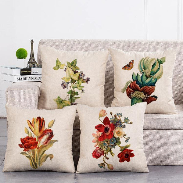 Cushion Cover SET Cotton Linen Throw Pillow, Colorful Painted Flowers - LiYiFabrics