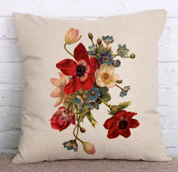 Cushion Cover SET Cotton Linen Throw Pillow, Colorful Painted Flowers - LiYiFabrics