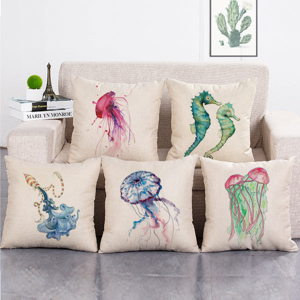 Cushion Cover SET Cotton Linen Throw Pillow,Painted Sea Animals - LiYiFabrics