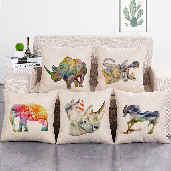 Cushion Cover SET Cotton Linen Throw Pillow,Painted Animals - LiYiFabrics