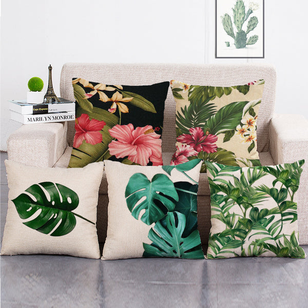 Cushion Cover SET Cotton Linen Throw Pillow,Leaves&Flowers - LiYiFabrics