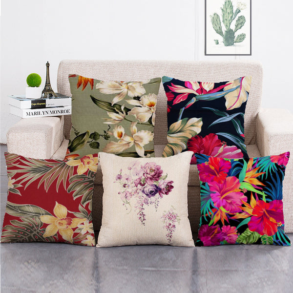 Cushion Cover SET Cotton Linen Throw Pillow,Flowers - LiYiFabrics