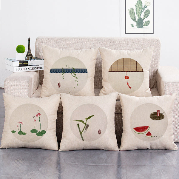Cushion Cover SET Cotton Linen Throw Pillow,Traditional Chinese Painting - LiYiFabrics