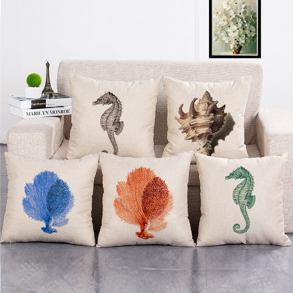 Cushion Cover SET Cotton Linen Throw Pillow,Sea Horse - LiYiFabrics