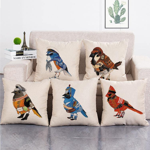 Cushion Cover SET Cotton Linen Throw Pillow, birds design - LiYiFabrics