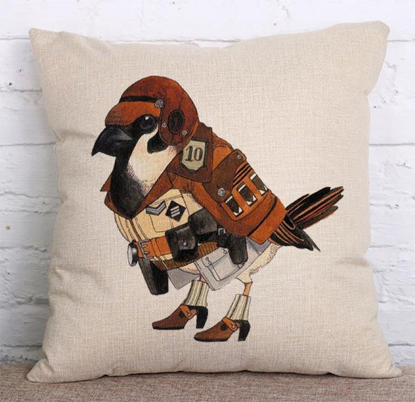 Cushion Cover SET Cotton Linen Throw Pillow, birds design - LiYiFabrics