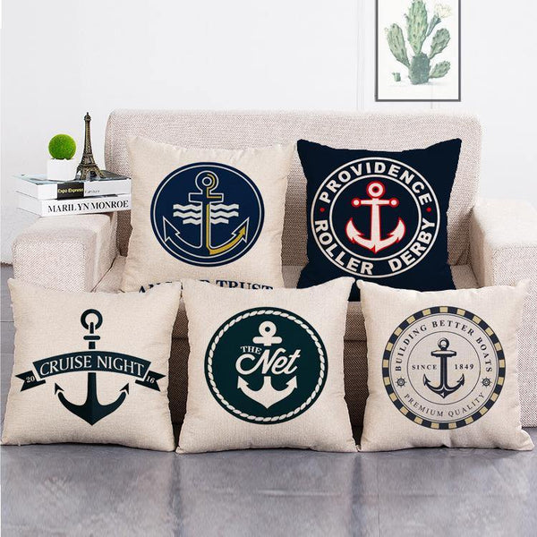 Cushion Cover SET Cotton Linen Throw Pillow Anchor design - LiYiFabrics