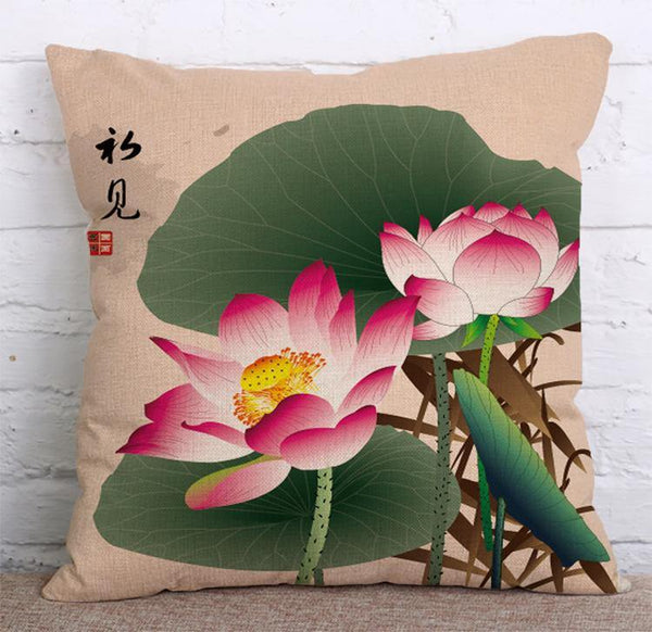 Cushion Cover SET Cotton Linen Throw Pillow, Chinese Paintings - LiYiFabrics