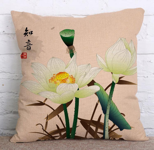 Cushion Cover SET Cotton Linen Throw Pillow, Chinese Paintings - LiYiFabrics
