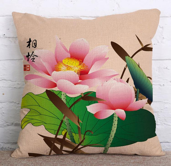 Cushion Cover SET Cotton Linen Throw Pillow, Chinese Paintings - LiYiFabrics