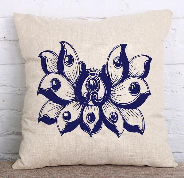 Cushion Cover SET Cotton Linen Throw Pillow, Ink Painted Flowers - LiYiFabrics