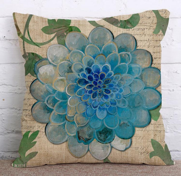 Cushion Cover SET Cotton Linen Throw Pillow, Painted Flowers - LiYiFabrics