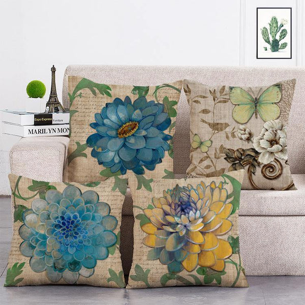 Cushion Cover SET Cotton Linen Throw Pillow, Painted Flowers - LiYiFabrics