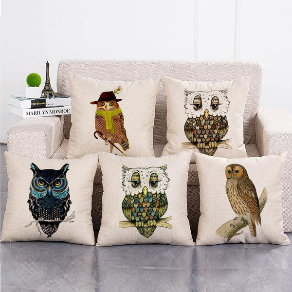 Cushion Cover SET Cotton Linen Throw Pillow, Owls - LiYiFabrics
