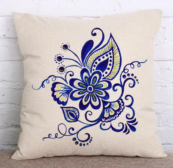 Cushion Cover SET Cotton Linen Throw Pillow, Ink Painted Flowers - LiYiFabrics