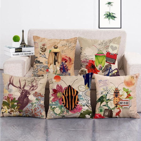 Cushion Cover SET Cotton Linen Throw Pillow, Insects - LiYiFabrics