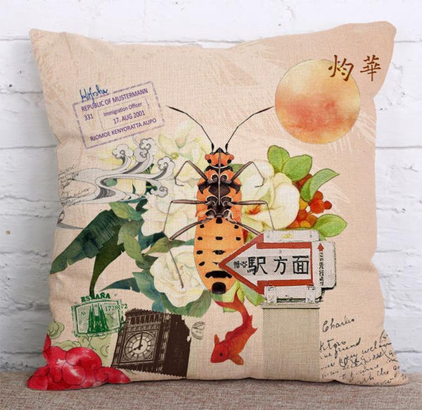 Cushion Cover SET Cotton Linen Throw Pillow, Insects - LiYiFabrics