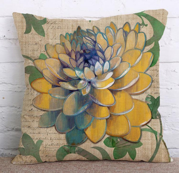 Cushion Cover SET Cotton Linen Throw Pillow, Painted Flowers - LiYiFabrics